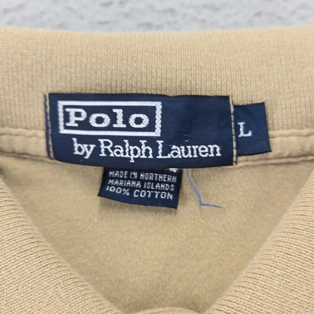 Polo By Ralph Lauren Shirt Mens Large Tan Vintage USA‎ Short Sleeve Blue Pony